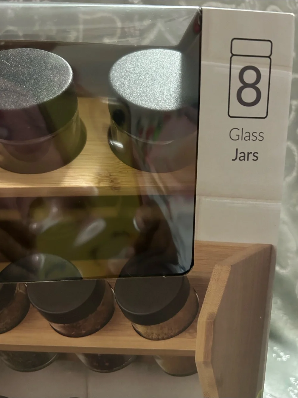 NWT Core Bamboo, Spice Rack with 8 Clear Jars and Black Lids